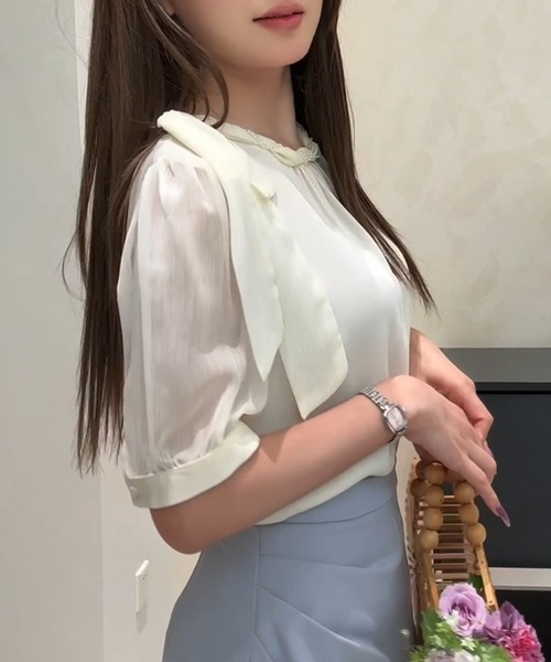 Lace Ladies(レースレディース)の「肩リボン クルーネック パール付き パフスリーブ ブラウス(シャツ/ブラウス・レディース・ピンク/アイボリー・M)」の7枚目の写真