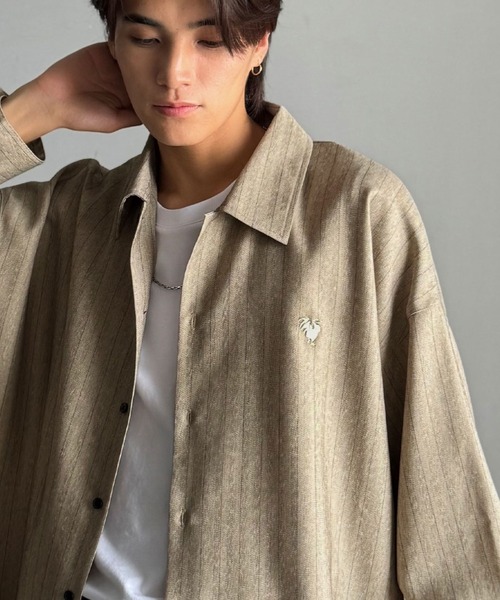 Classical Origin（クラシカルオリジン）の「「日常をアップデート。」刺繍入りウールライクストライプ柄オーバーサイズシャツ（長袖）/Wool-Feel Fabric Embroidered Stripe Pattern Oversized Shirt（シャツ/ブラウス・メンズ・チャコールグレー/グレー/ダークネイビー/ベージュ・LARGE/MEDIUM/SMALL）」の15枚目の写真