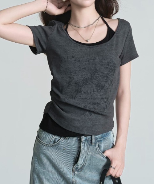 ZIPPER CLUB(ZIPPER CLUB ジッパークラブ)の「レタリングレイヤードトップス(Tシャツ/カットソー・レディース・ベージュ/グレー・LARGE/SMALL/MEDIUM)」の8枚目の写真