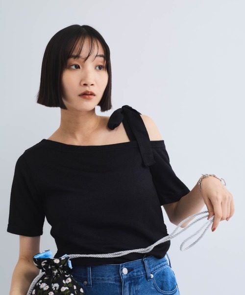 tシャツ ワンショルリボンカットトップス「手洗い可能」 レディース ワンショルリボンカットトップス≪手洗い可能≫（Tシャツ