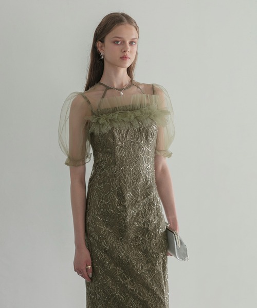 LEJA】チュールフラワースパンコールIラインワンピースドレス美脚効果