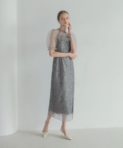 LEJA】チュールフラワースパンコールIラインワンピースドレス美脚効果