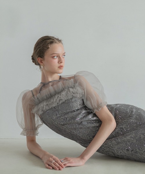 LEJA】チュールフラワースパンコールIラインワンピースドレス美脚効果