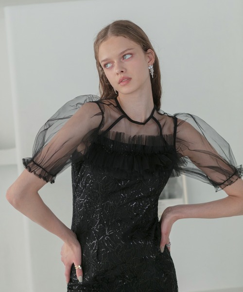 LEJA】チュールフラワースパンコールIラインワンピースドレス美脚効果