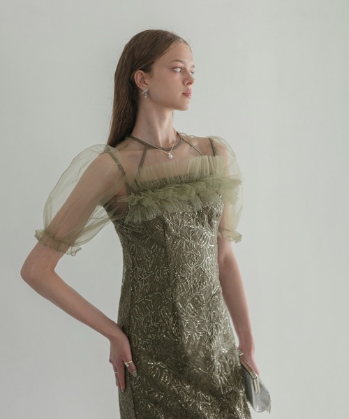 LEJA】チュールフラワースパンコールIラインワンピースドレス美脚効果