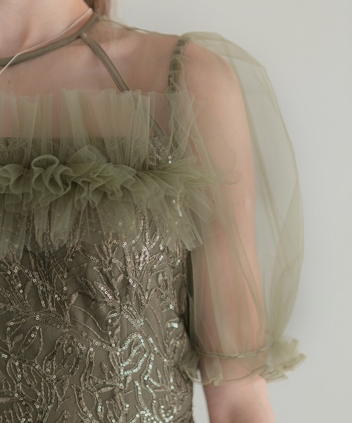 LEJA】チュールフラワースパンコールIラインワンピースドレス美脚効果