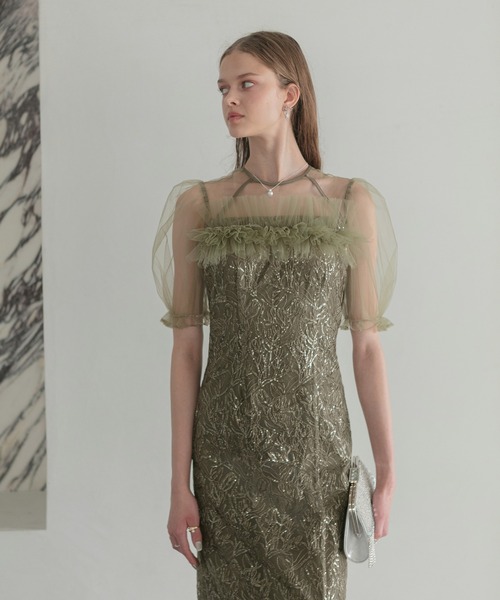 LEJA】チュールフラワースパンコールIラインワンピースドレス美脚効果