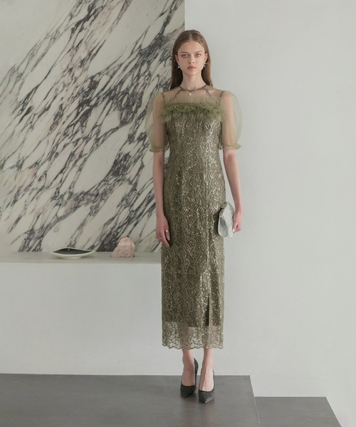 LEJA】チュールフラワースパンコールIラインワンピースドレス美脚効果