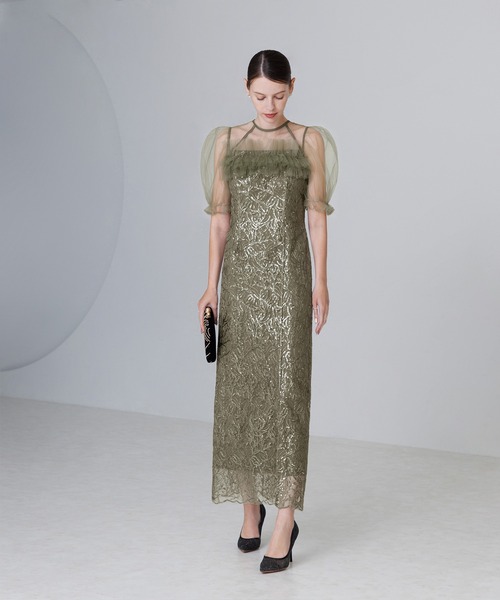 チュールフラワースパンコールIラインワンピースドレス結婚式パーティー成人式二次会 セール】【LEJA】チュールフラワースパンコールIラインワンピース