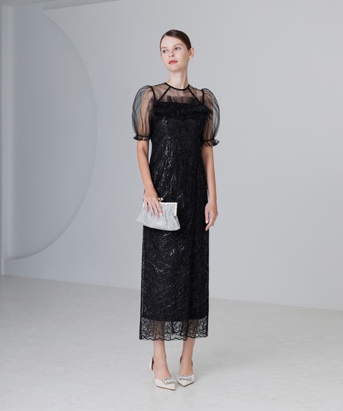 セール】【LEJA】チュールフラワースパンコールIラインワンピース