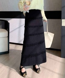 フリンジニットスカート レディース ロングスカート シンプル デイリー ウエストゴム