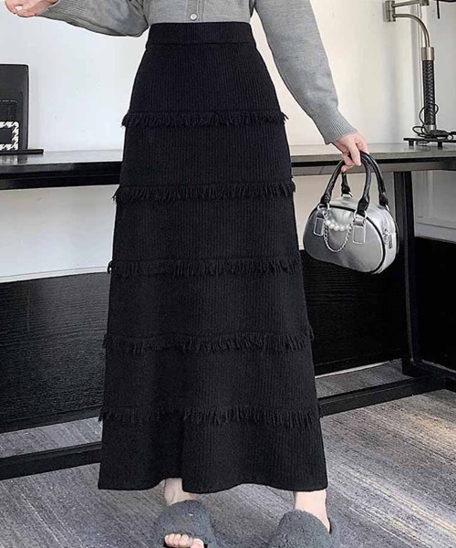 shoppinggo(ショッピングゴー)の「フリンジニットスカート レディース ロングスカート シンプル デイリー ウエストゴム(スカート・レディース・ベージュ/グレー/ブラック・FREE)」の9枚目の写真
