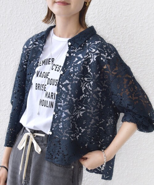 【試着のみ】SHIPS　シップス　レースコンビブラウス ダークブルー　日本製 SHIPS シップス 美品 日本製 カットワークレースブラウス ブルー
