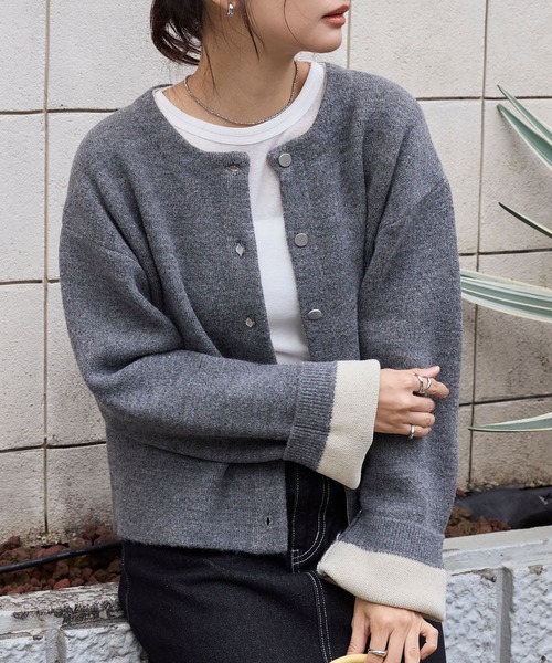 ダブルフェイス 配色 ショート丈ニットカーディガン MONO-MART│MONO