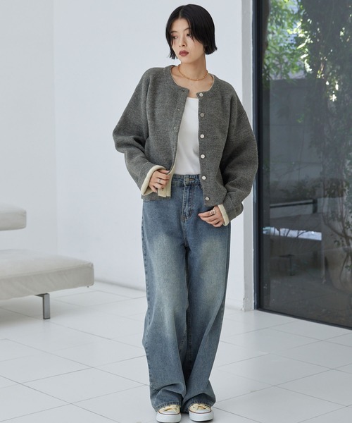 ダブルフェイス 配色 ショート丈ニットカーディガン MONO-MART