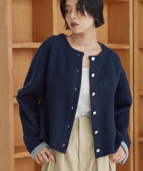 ANAYI ボーダーダブルフェイス ショート カーディガン フラッフィ