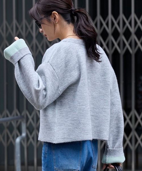 セール】ダブルフェイス 配色 ショート丈ニットカーディガン