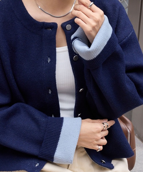 セール】ダブルフェイス 配色 ショート丈ニットカーディガン