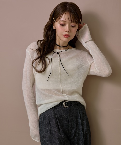 LAULEN(ローレン)の「wool mohair 2way sheer knit /ウールモヘアブレンド2ウェイシアーニット(ニット/セーター・レディース・ホワイト/グレー/ブラック・FREE)」の2枚目の写真