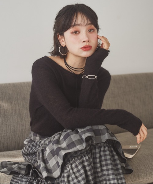 LAULEN(ローレン)の「wool mohair 2way sheer knit /ウールモヘアブレンド2ウェイシアーニット(ニット/セーター・レディース・ホワイト/グレー/ブラック・FREE)」の5枚目の写真