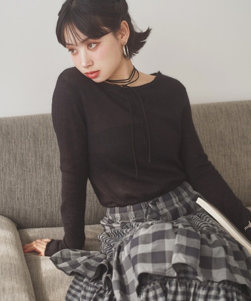 LAULEN(ローレン)の「wool mohair 2way sheer knit /ウールモヘアブレンド2ウェイシアーニット(ニット/セーター・レディース・ホワイト/グレー/ブラック・FREE)」の6枚目の写真