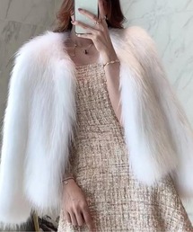 ホワイト ノーカラージャケット ファー風 REMUR ジャケット ノーカラージャケット ノーカラーエコファー