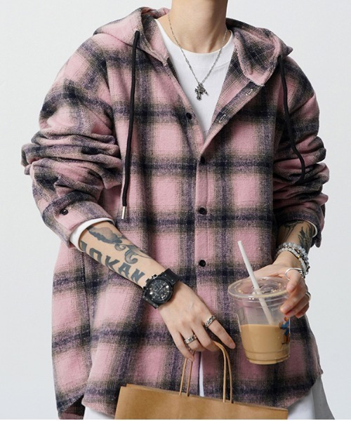 SHIBUYA Zy.(シブヤジー)の「Street Crushチェックシャツフーディ(パーカー・メンズ・ブラック/ピンク・M/L/XL)」の8枚目の写真