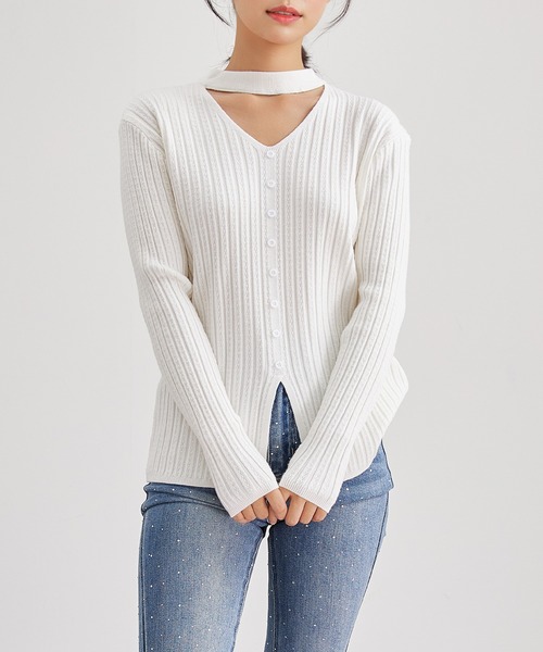 Lace Ladies(レースレディース)の「チョーカーネック スリット リブ ニット プルオーバー(ニット/セーター・レディース・ブラック/グレイッシュベージュ/モカ/ホワイト・FREE)」の14枚目の写真