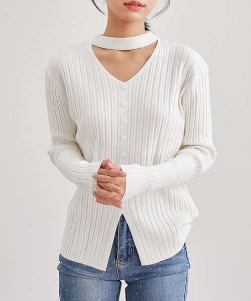 Lace Ladies(レースレディース)の「チョーカーネック スリット リブ ニット プルオーバー(ニット/セーター・レディース・ブラック/グレイッシュベージュ/モカ/ホワイト・FREE)」の22枚目の写真