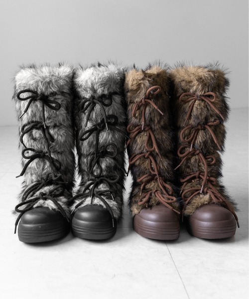 me+em select(ミームセレクト)の「【 2color 】ボリュームフェイクファーレースアップロングブーツ / volume fake fur laceup long boots(ブーツ・レディース・ブラック/ブラウン・36/37/40/38/39)」の3枚目の写真