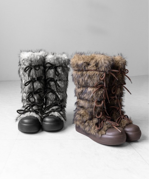 me+em select(ミームセレクト)の「【 2color 】ボリュームフェイクファーレースアップロングブーツ / volume fake fur laceup long boots(ブーツ・レディース・ブラック/ブラウン・36/37/40/38/39)」の6枚目の写真