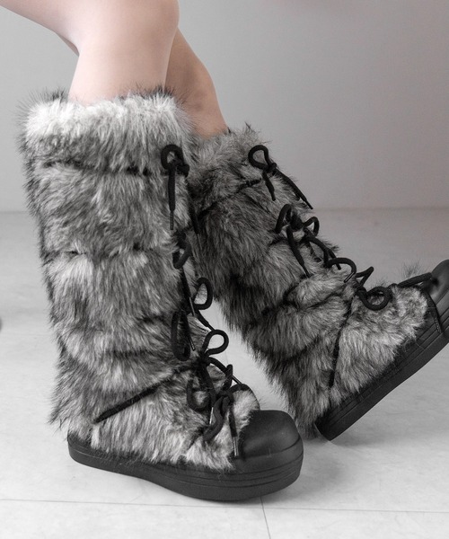 me+em select(ミームセレクト)の「【 2color 】ボリュームフェイクファーレースアップロングブーツ / volume fake fur laceup long boots(ブーツ・レディース・ブラック/ブラウン・36/37/40/38/39)」の14枚目の写真