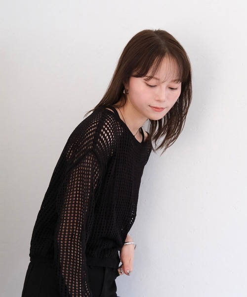Reurie'（レウリィ）の「【2点セット】レイヤードシアーメッシュトップ / 重ね着 サマーニット アメスリタンク カジュアル シンプル モード（アンサンブル・レディース・ライトベージュ/ブラック・FREE）」の10枚目の写真