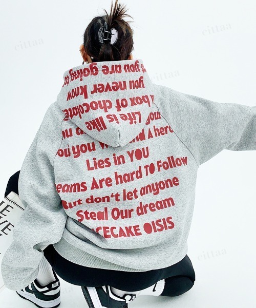 Dalfwin(ダールフィン)の「韓国ファッション RICECAKEレッドバックロゴフーディー(パーカー・レディース・グレー・FREE)」の8枚目の写真