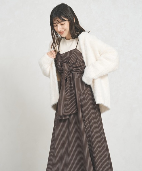 31 Sons de mode（トランテアン　ソン　ドゥ　モード）の「2025秋冬新作 ストライプ リボン キャミワンピース（ワンピース・レディース・ベージュ/ネイビー/ブラウン・ﾌﾘ-）」の7枚目の写真