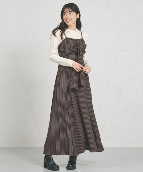 31 Sons de mode（トランテアン　ソン　ドゥ　モード）の「2025秋冬新作 ストライプ リボン キャミワンピース（ワンピース・レディース・ベージュ/ネイビー/ブラウン・ﾌﾘ-）」の5枚目の写真