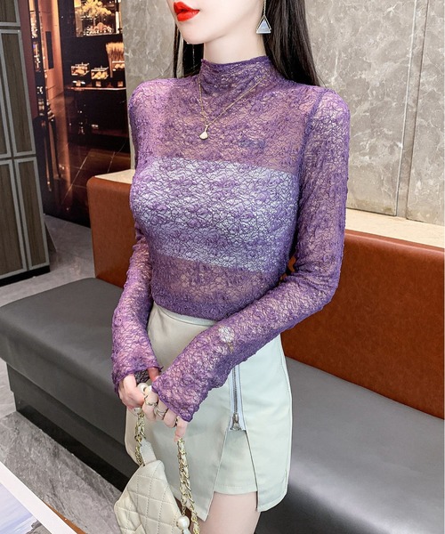 INASTUDIOS(イーナストゥディオス)の「花柄レース ハイネックカットソー レディース(Tシャツ/カットソー・レディース・ブラック/アイボリー/ホワイト/ワインレッド/パープル・FREE)」の4枚目の写真