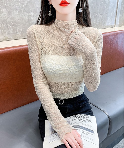 INASTUDIOS(イーナストゥディオス)の「花柄レース ハイネックカットソー レディース(Tシャツ/カットソー・レディース・ブラック/アイボリー/ホワイト/ワインレッド/パープル・FREE)」の3枚目の写真