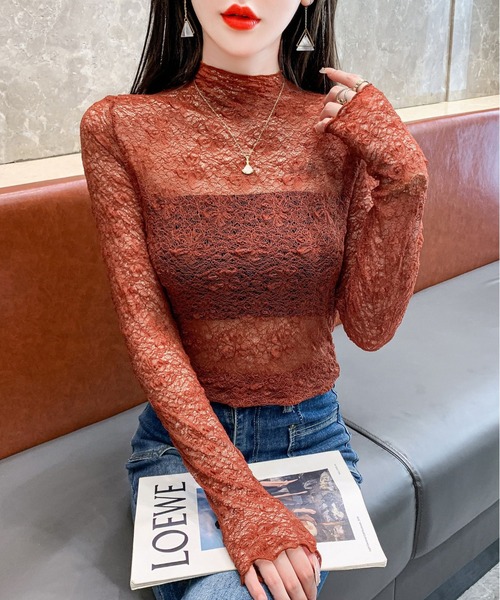 INASTUDIOS(イーナストゥディオス)の「花柄レース ハイネックカットソー レディース(Tシャツ/カットソー・レディース・ブラック/アイボリー/ホワイト/ワインレッド/パープル・FREE)」の5枚目の写真