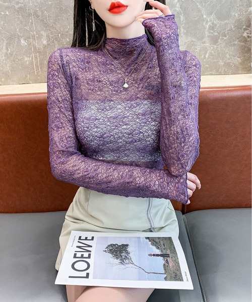 INASTUDIOS(イーナストゥディオス)の「花柄レース ハイネックカットソー レディース(Tシャツ/カットソー・レディース・ブラック/アイボリー/ホワイト/ワインレッド/パープル・FREE)」の10枚目の写真