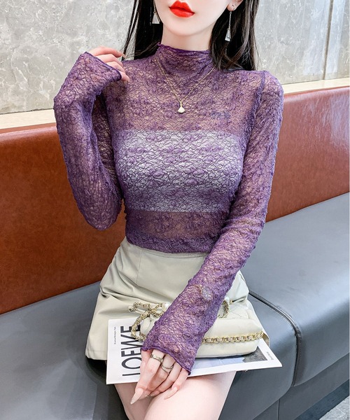 INASTUDIOS(イーナストゥディオス)の「花柄レース ハイネックカットソー レディース(Tシャツ/カットソー・レディース・ブラック/アイボリー/ホワイト/ワインレッド/パープル・FREE)」の11枚目の写真