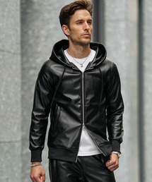 SOMEDIFF（サムディフ）の「【SOMEDIFF】PUレザーフルジップパーカー メンズ ブラック カーキ ダブルジップ 春服 冬服（パーカー）」