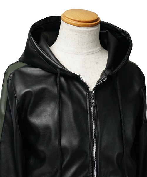 SOMEDIFF(サムディフ)の「【SOMEDIFF】PUレザーフルジップパーカー メンズ ブラック カーキ ダブルジップ 春服 冬服(パーカー・メンズ・ブラック×カーキ/ブラック×ブラック・M/L/XL)」の13枚目の写真