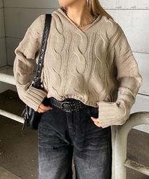 ケーブルフードショート丈ニットトップス