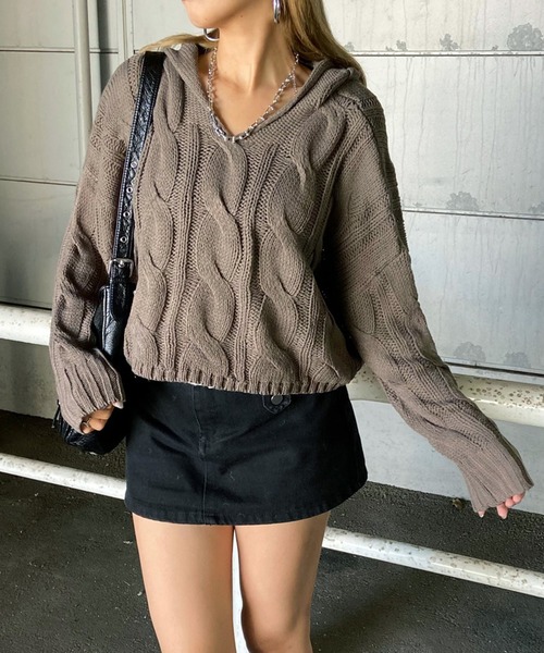non-hedge（ノンヘッジ）の「ケーブルフードショート丈ニットトップス（ニット/セーター・レディース・オフホワイト/チャコールグレー/カーキ/ブラウン/ベージュ・FREE）」の22枚目の写真