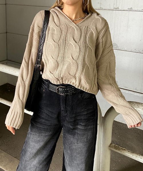 non-hedge（ノンヘッジ）の「ケーブルフードショート丈ニットトップス（ニット/セーター・レディース・オフホワイト/チャコールグレー/カーキ/ブラウン/ベージュ・FREE）」の17枚目の写真