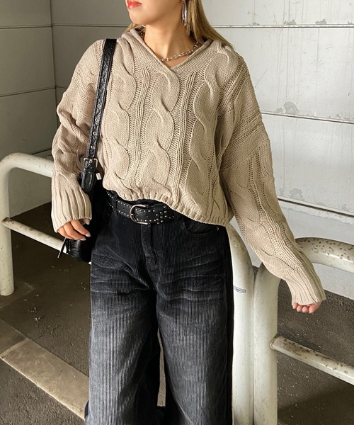 non-hedge（ノンヘッジ）の「ケーブルフードショート丈ニットトップス（ニット/セーター・レディース・オフホワイト/チャコールグレー/カーキ/ブラウン/ベージュ・FREE）」の18枚目の写真