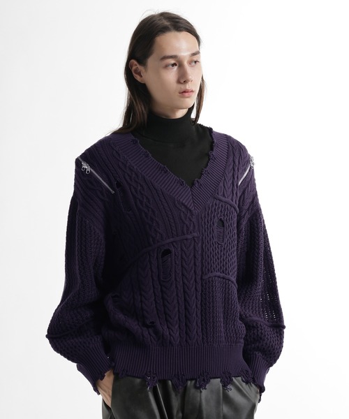 HARE（ハレ）の「BIGダメージVネックニット(HARE)（ニット/セーター・メンズ・レッド/ブラック/パープル・FREE）」の2枚目の写真