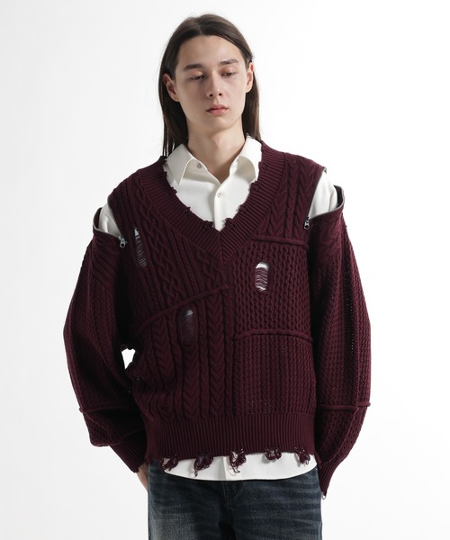 HARE（ハレ）の「BIGダメージVネックニット(HARE)（ニット/セーター・メンズ・レッド/ブラック/パープル・FREE）」の3枚目の写真