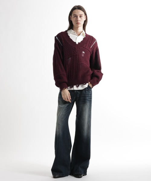 HARE（ハレ）の「BIGダメージVネックニット(HARE)（ニット/セーター・メンズ・レッド/ブラック/パープル・FREE）」の6枚目の写真